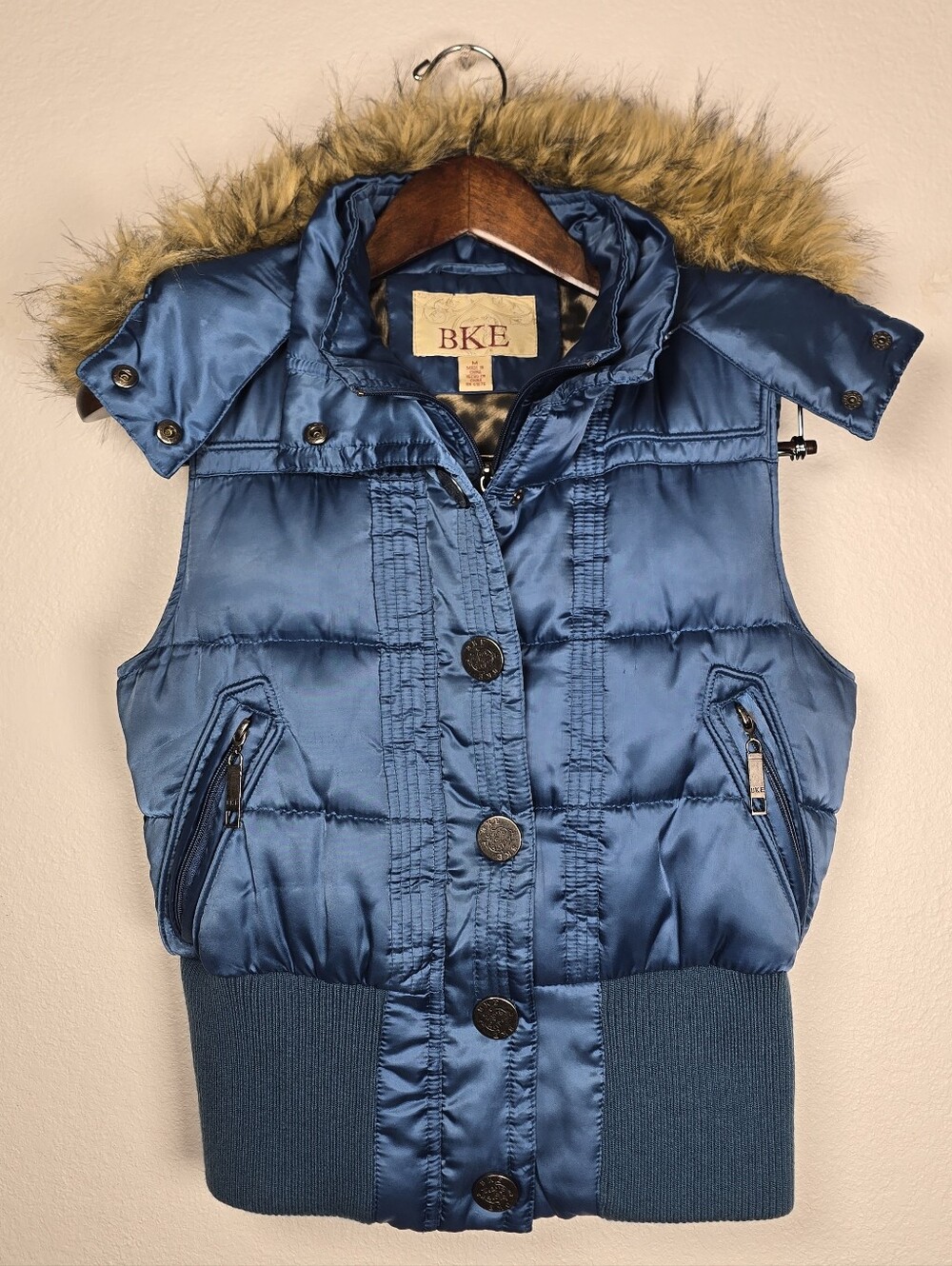 BKE Blue Satin Quilted Puffer Vest Faux Fur Hood Leopard Lining Size M